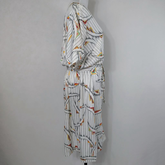 Vintage 80s Homemade Women's White Geometric Colorful Midi Dress with Belt - Picture 7 of 8